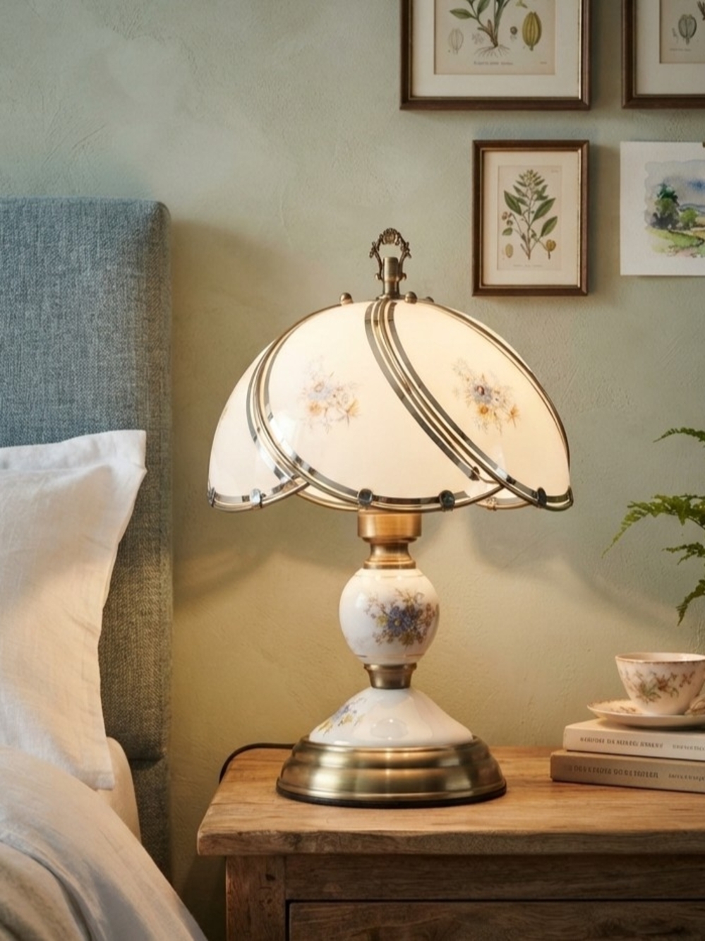 Vintage Touch Table Lamp Floral Glass Mushroom Bedside Light